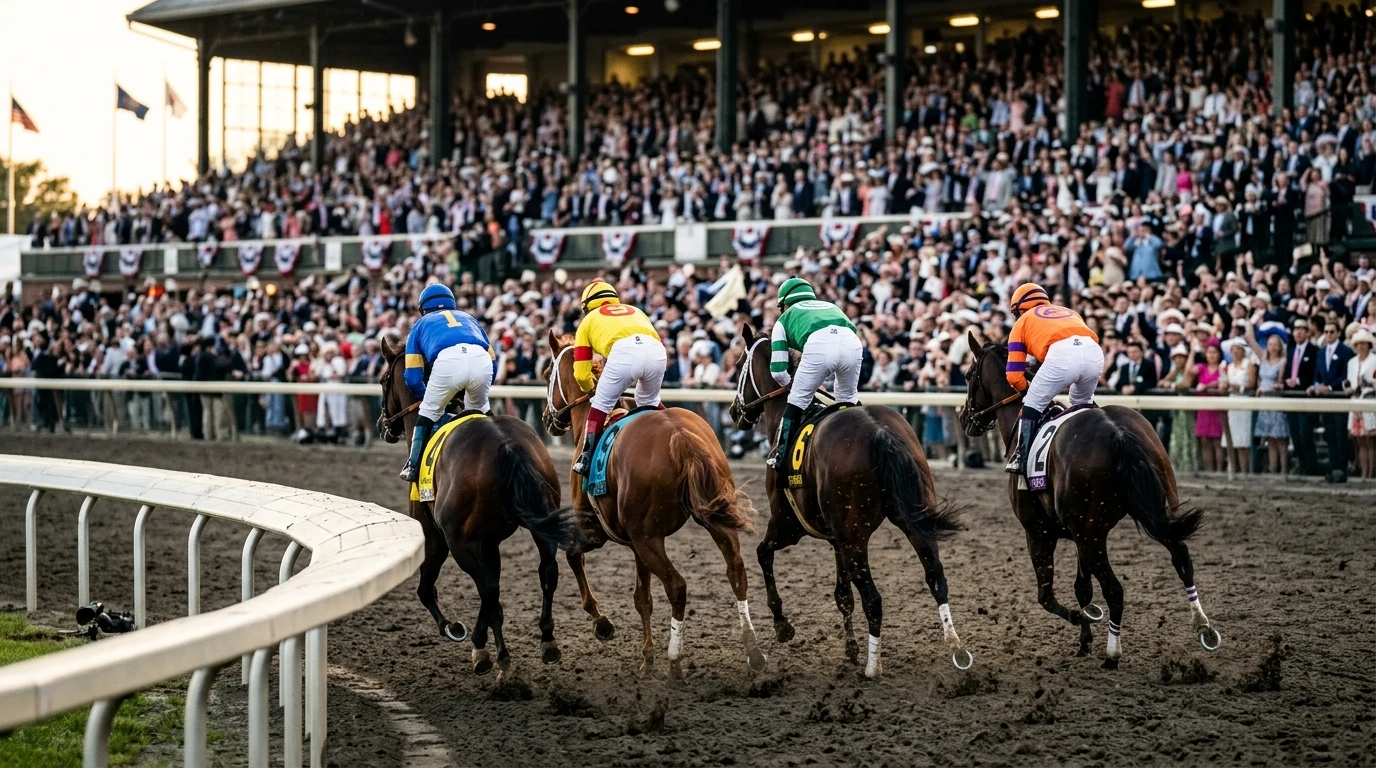 Cavalos de corrida a galope na reta final de uma competição de prestígio com tribuna cheia