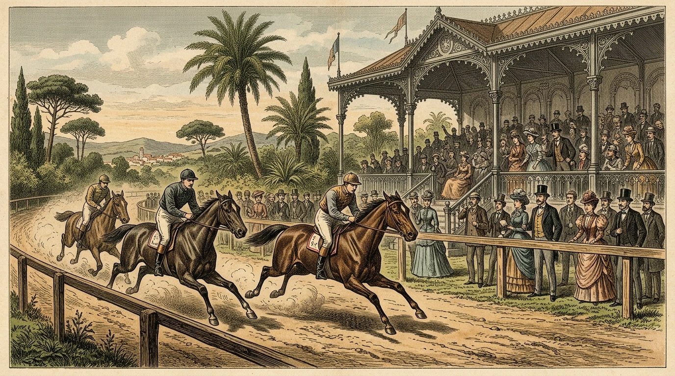 Gravura histórica de um hipódromo português do século XIX com cavalos e cavaleiros