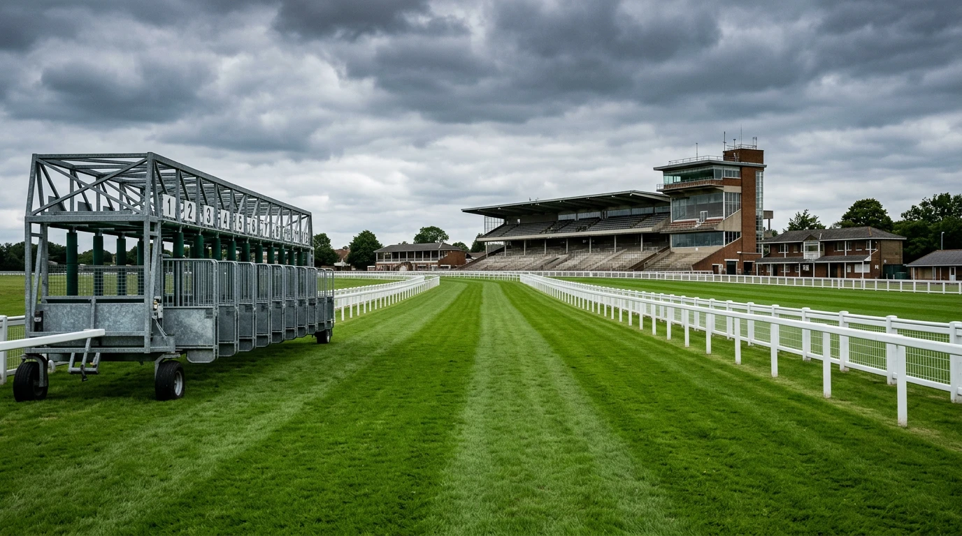Vista panorâmica de um hipódromo europeu com bancadas vazias e pista de relva