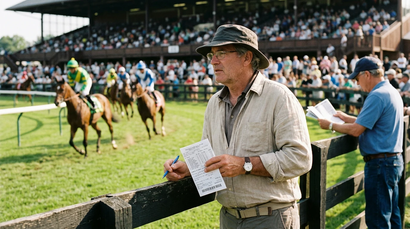 Apostador a analisar um boletim de apostas num hipódromo antes de uma corrida